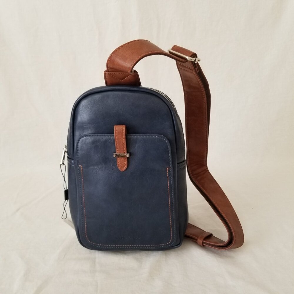 NWT! WestBronco Dark Blue and Brown Faux Leather Crossbody Shoulder Sling Bag - Picture 3 of 11